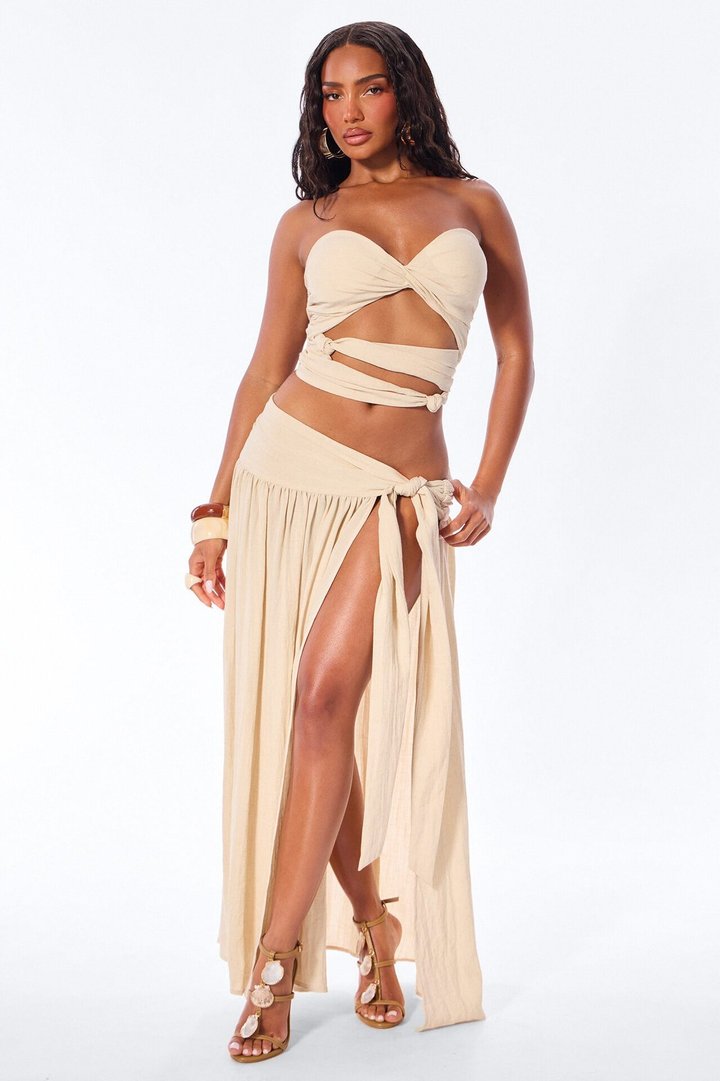Subtle Flex Linen Maxi Skirt Set - Beige