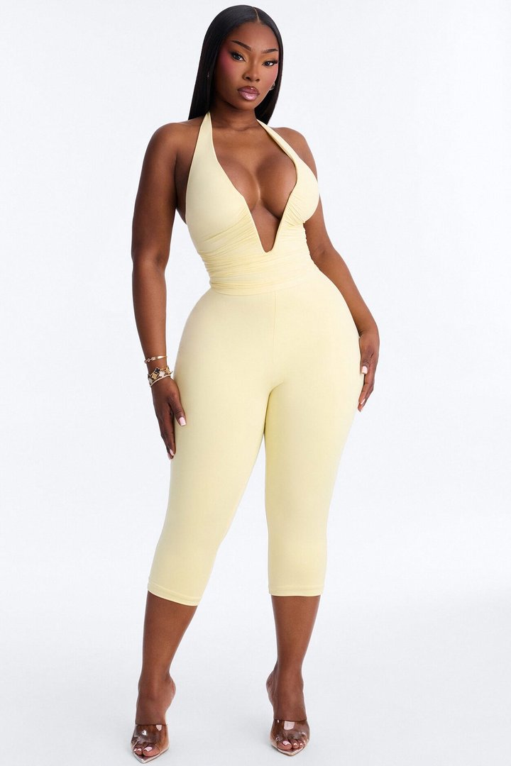 Second Skin Double Lined Ruched V Wire Halter Top - Butter Yellow