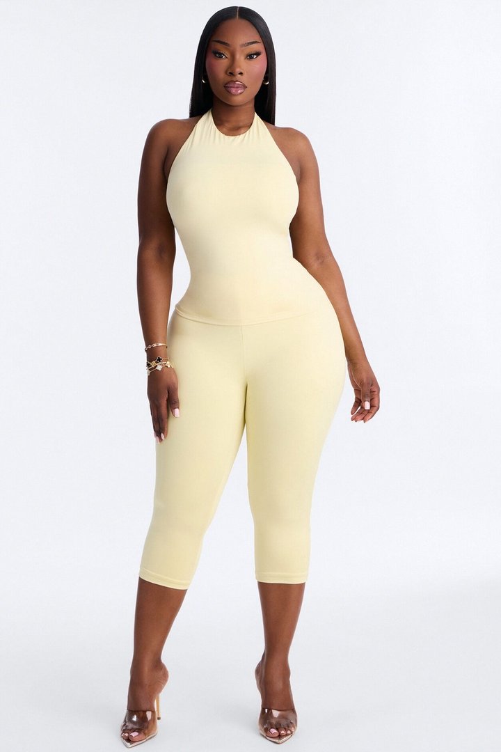 Second Skin Bra Pad Sleeveless Halter Top - Butter Yellow