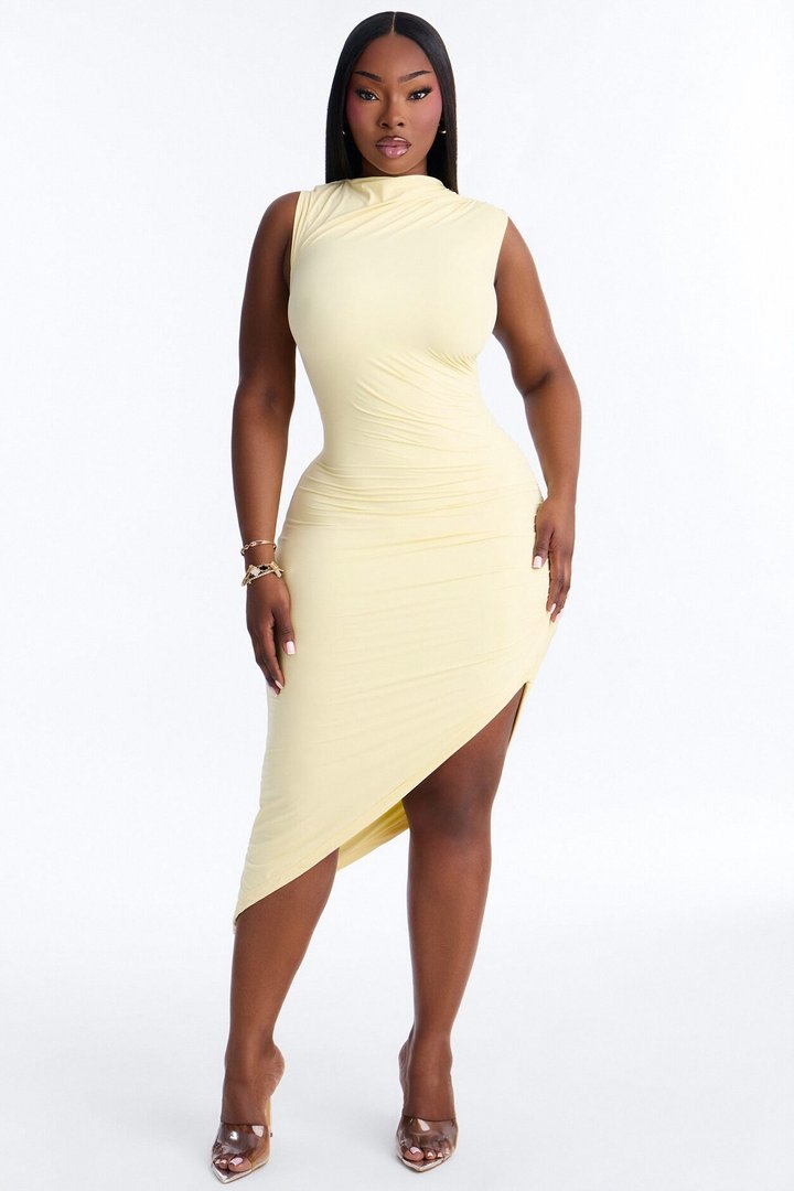 Second Skin Double Lined Ruched Slit Midi Dress - Butter Yellow