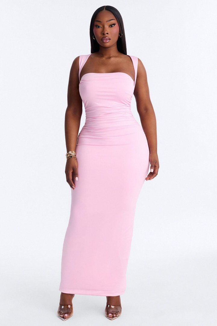 Contour Double Lined Straight Neck Maxi Dress - Light Pink