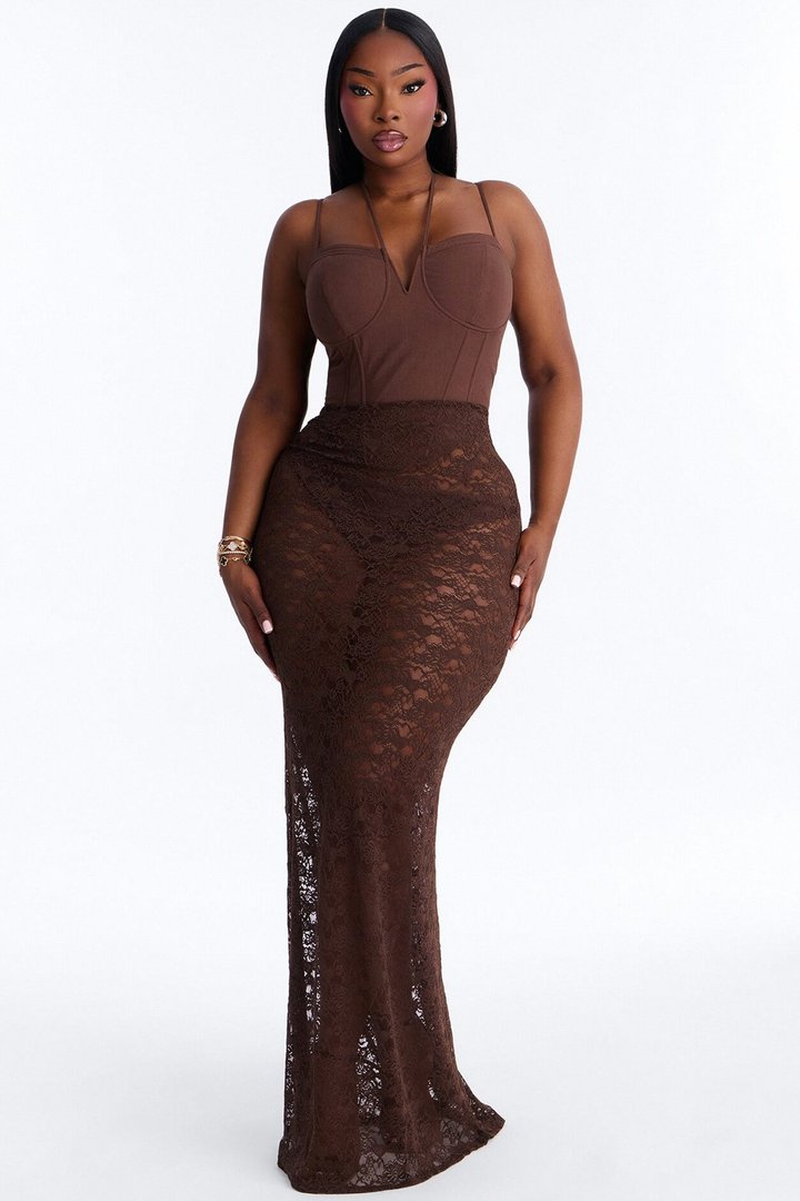 Love For You Ruched Lace Maxi Skirt - Chocolate