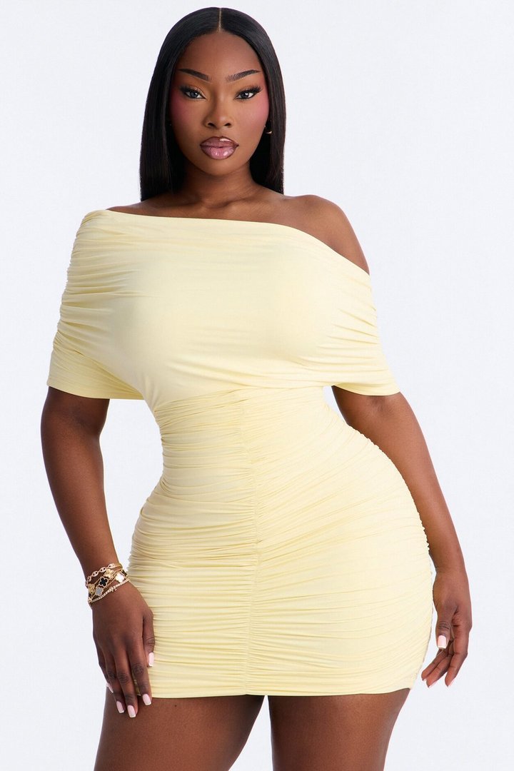 Second Skin Double Lined Off Shoulder Ruched Mini Dress - Butter Yellow