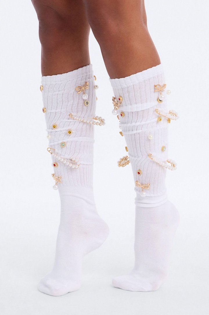 All Of Her Charm Slouchy Socks - White/Gold
