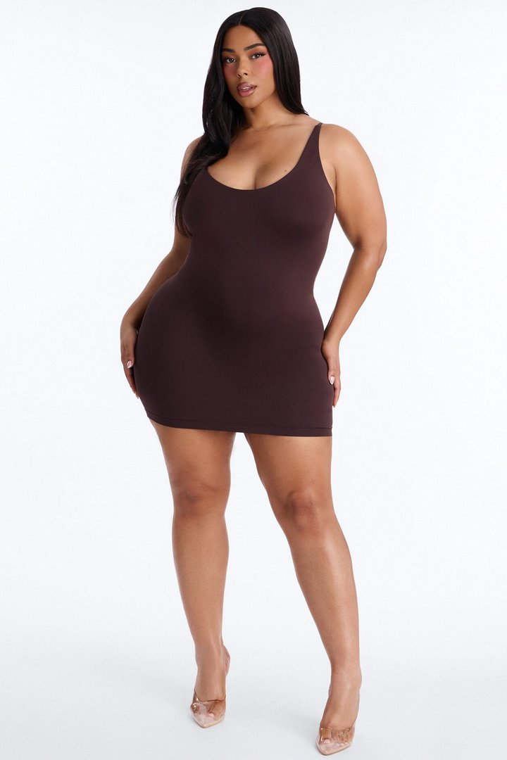 Seamless Smooth Double Lined Scoop Neck Mini Dress - Chocolate