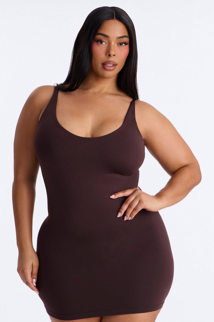 Seamless Smooth Double Lined Scoop Neck Mini Dress - Chocolate