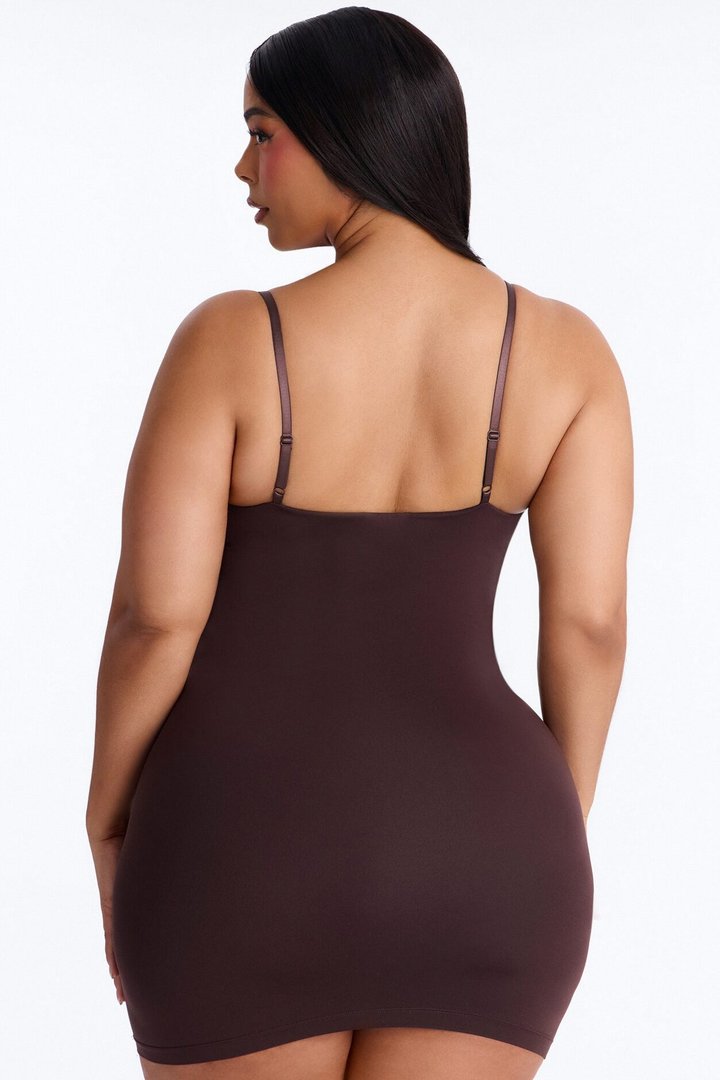 Seamless Smooth Double Lined Scoop Neck Mini Dress - Chocolate