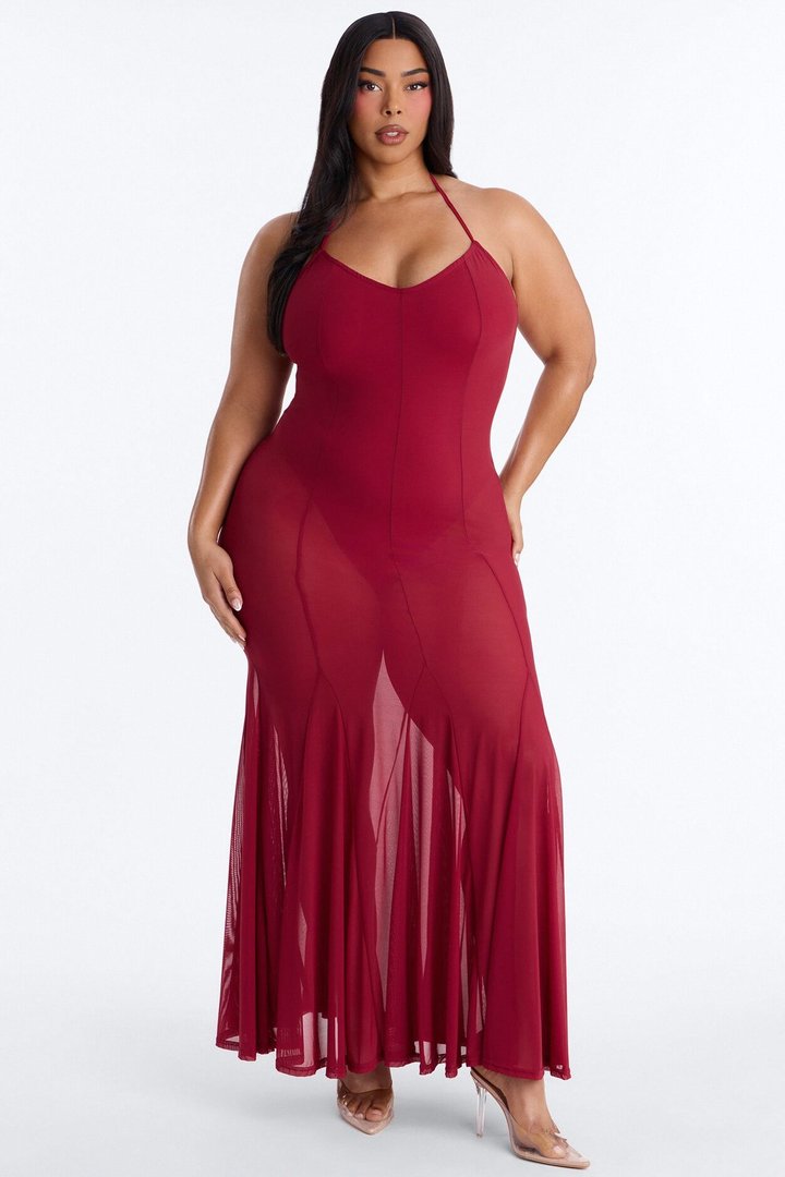 Power Mesh V Neck Halter Maxi Dress - DarkRed
