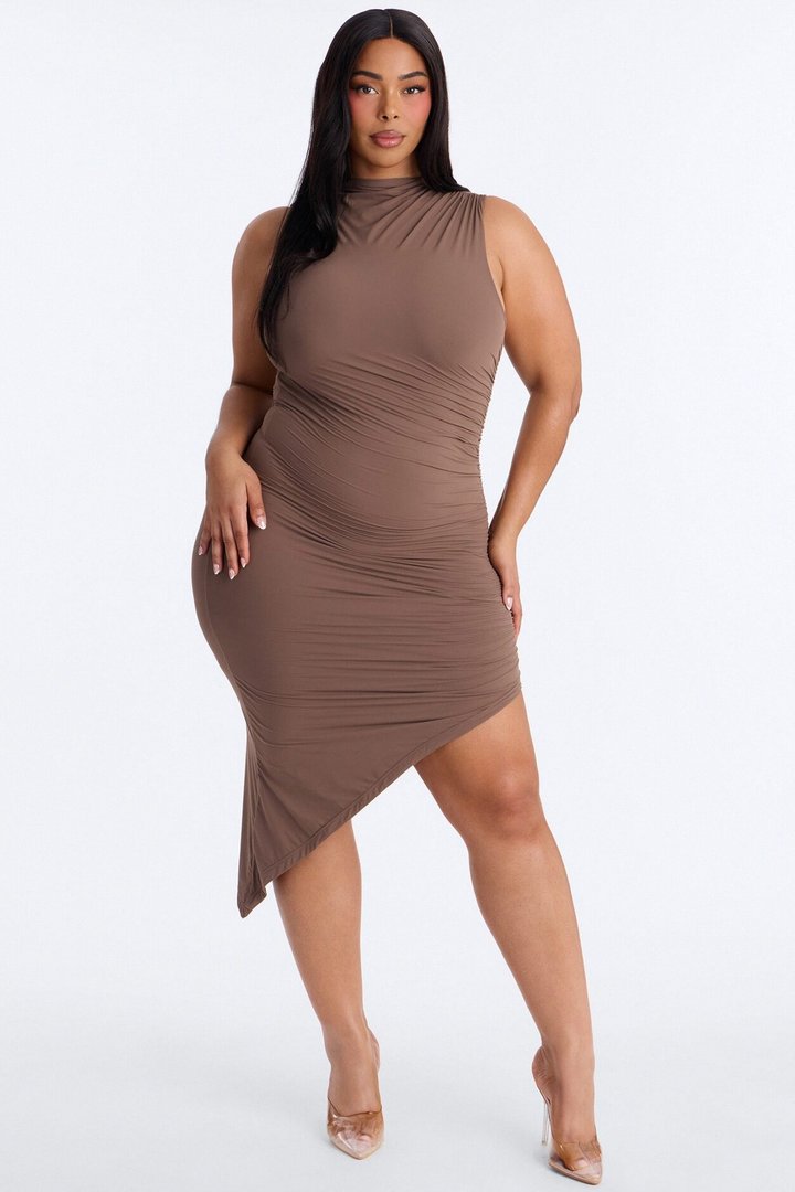 Second Skin Double Lined Ruched Slit Midi Dress - Brown