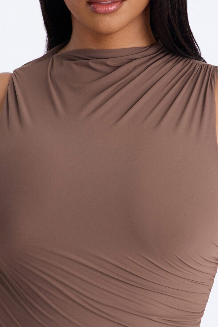 Second Skin Double Lined Ruched Slit Midi Dress - Brown