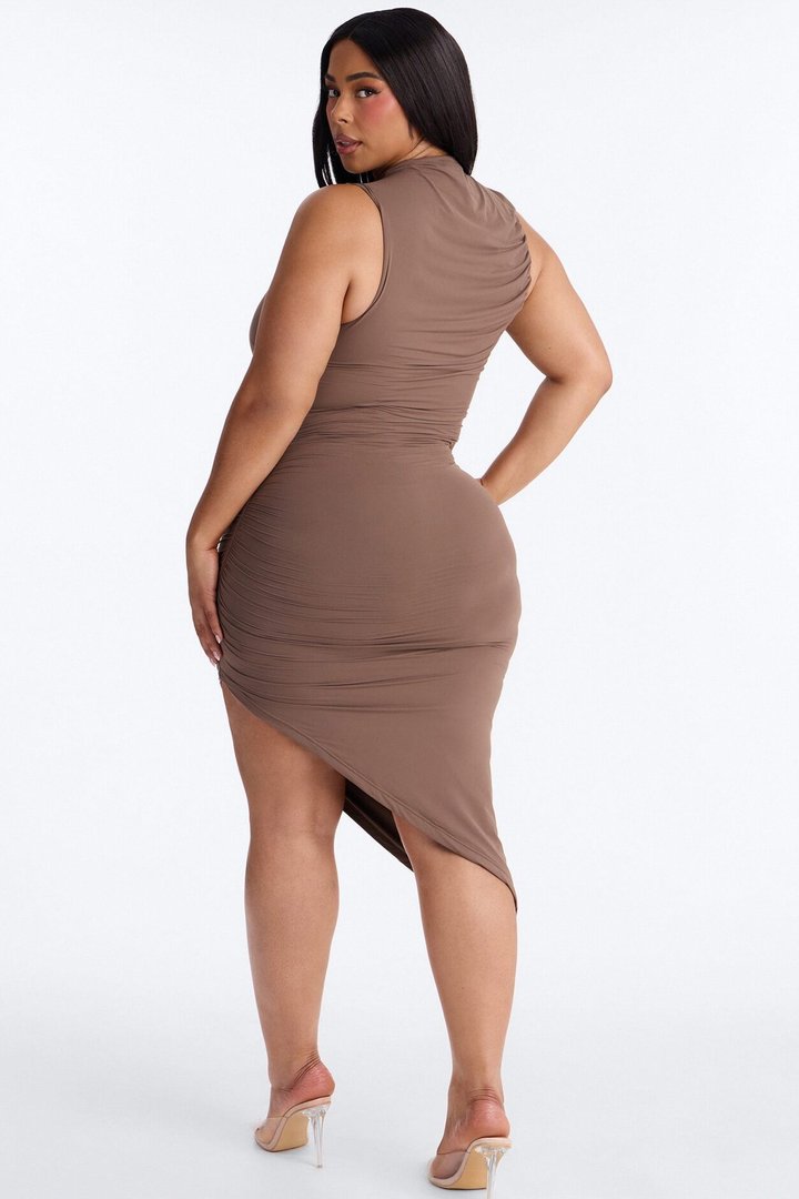 Second Skin Double Lined Ruched Slit Midi Dress - Brown
