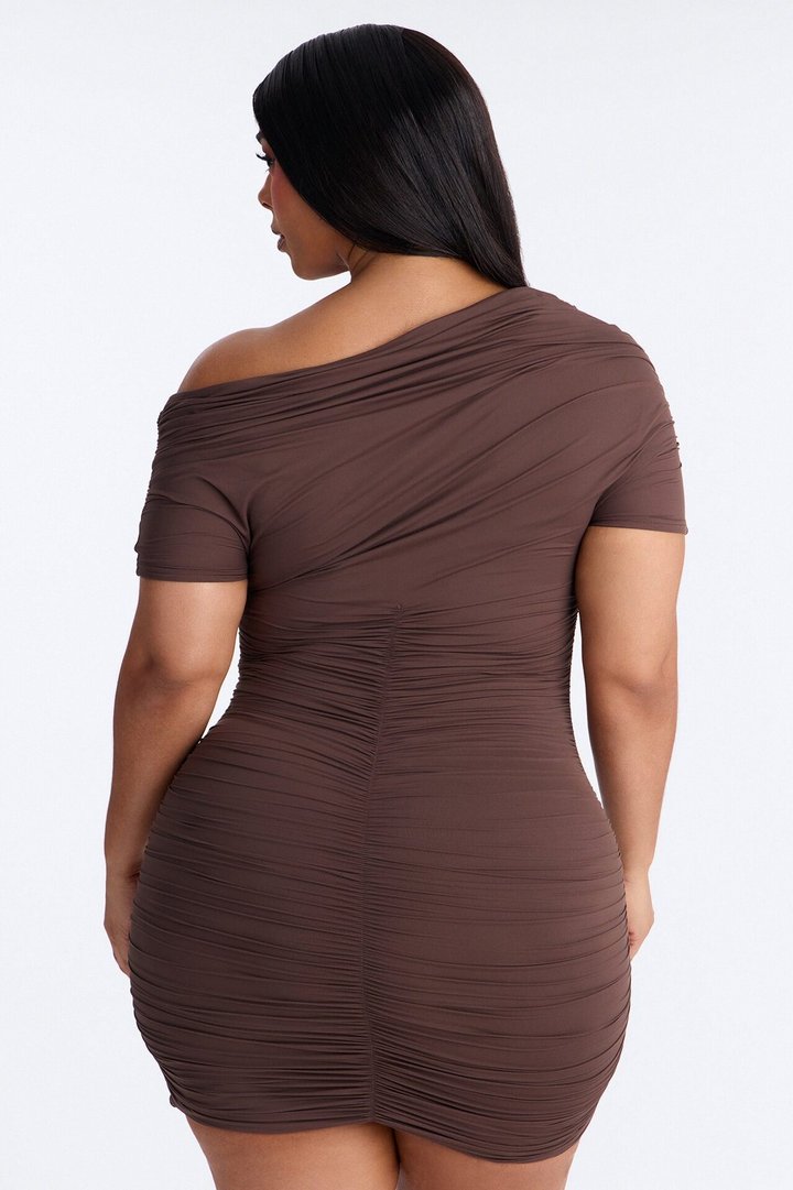 Second Skin Double Lined Off Shoulder Ruched Mini Dress - Chocolate