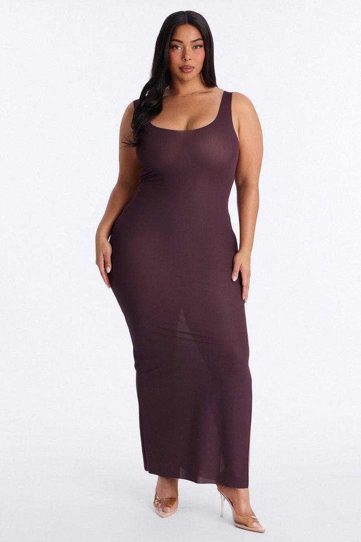Power Mesh Low Scoop Back Sleeveless Maxi Dress - Chocolate