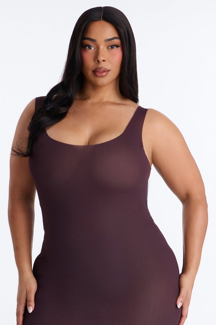 Power Mesh Low Scoop Back Sleeveless Maxi Dress - Chocolate