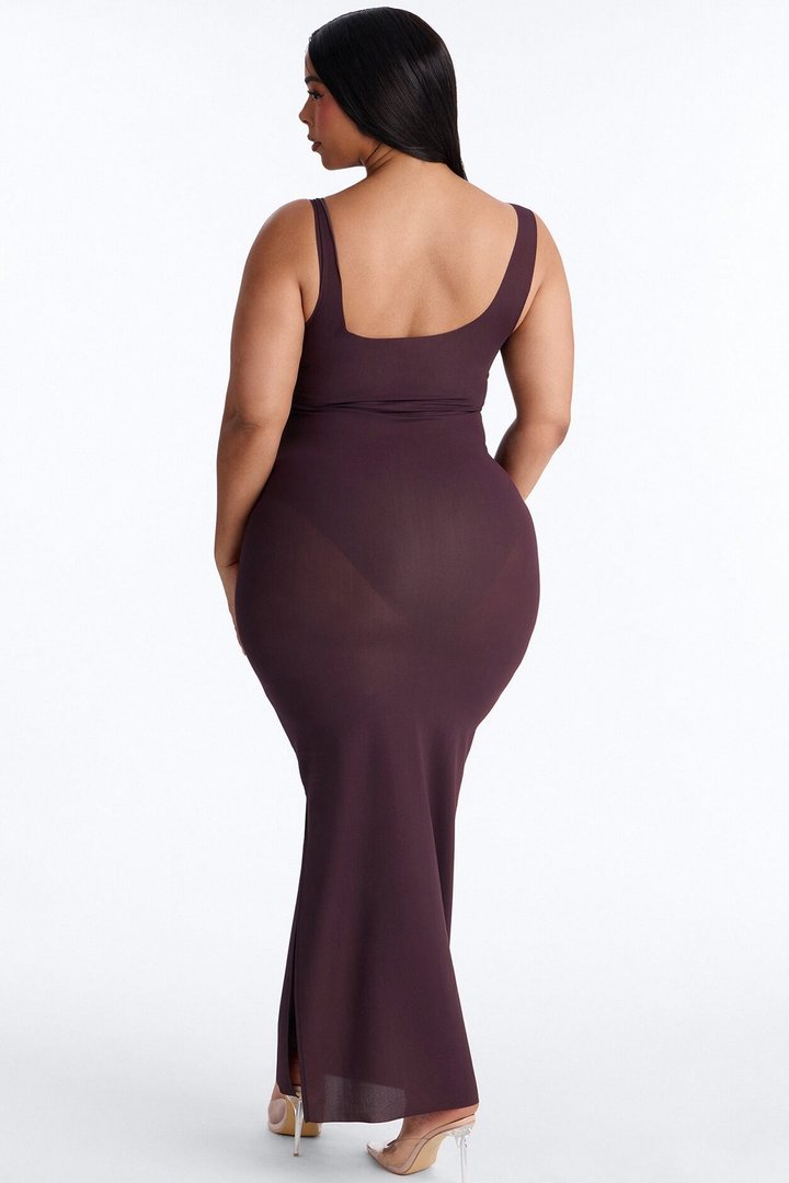 Power Mesh Low Scoop Back Sleeveless Maxi Dress - Chocolate
