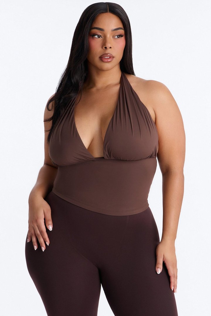 Second Skin Knot Backless Halter Top - Chocolate