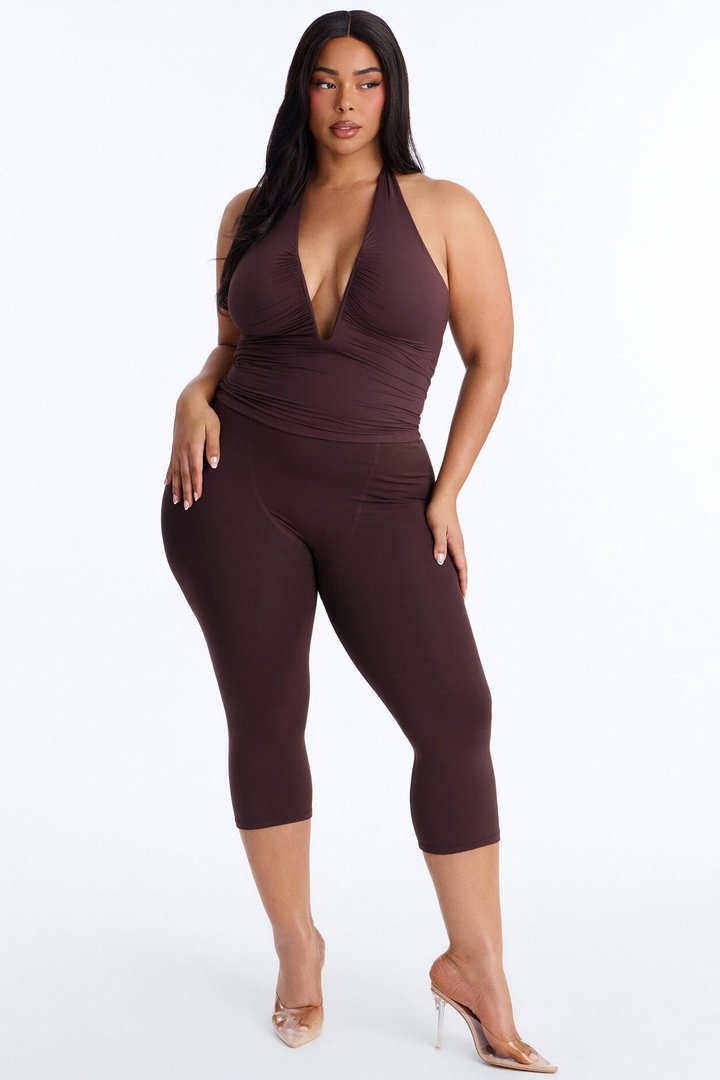 Second Skin Double Lined Ruched V Wire Halter Top - Chocolate