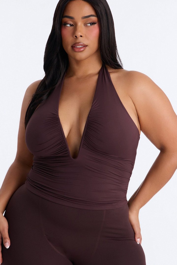 Second Skin Double Lined Ruched V Wire Halter Top - Chocolate