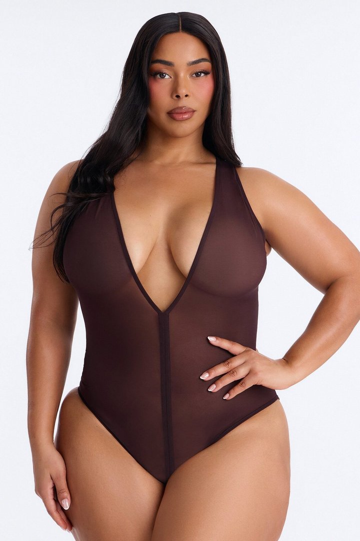 Power Mesh Deep V Neck Sleeveless Bodysuit - Chocolate