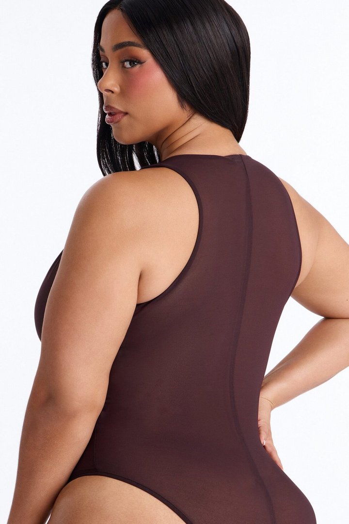 Power Mesh Deep V Neck Sleeveless Bodysuit - Chocolate