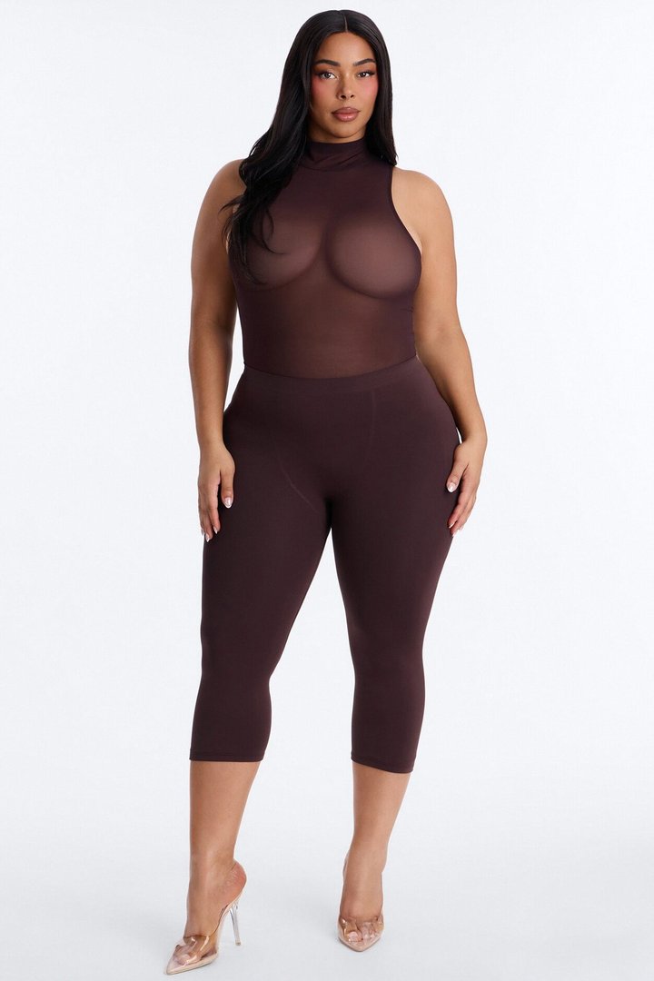 Power Mesh Turtle Neck Sleeveless Bodysuit - Chocolate
