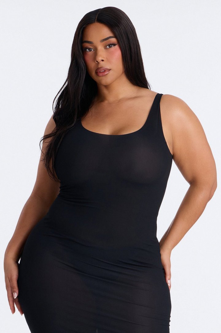 Power Mesh Low Scoop Back Sleeveless Maxi Dress - Black
