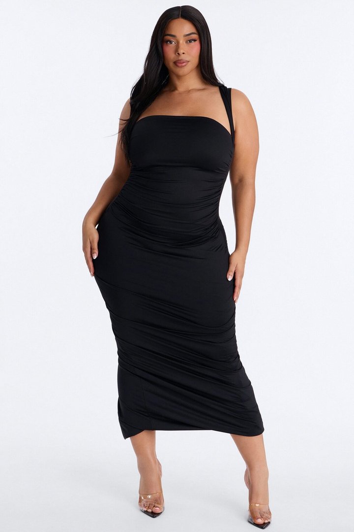 Contour Double Lined Straight Neck Maxi Dress - Black
