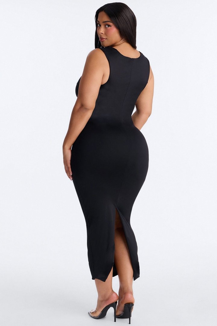 Contour Double Lined Straight Neck Maxi Dress - Black