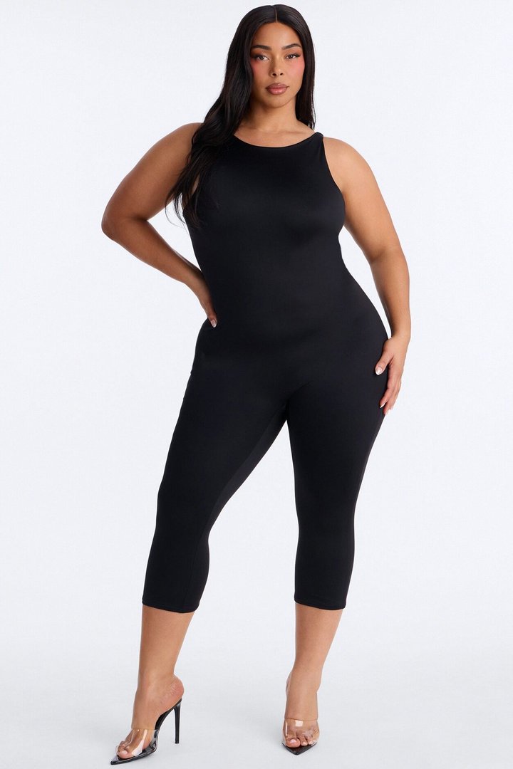 Contour Double Lined Low Back Capri Jumpsuit - Black