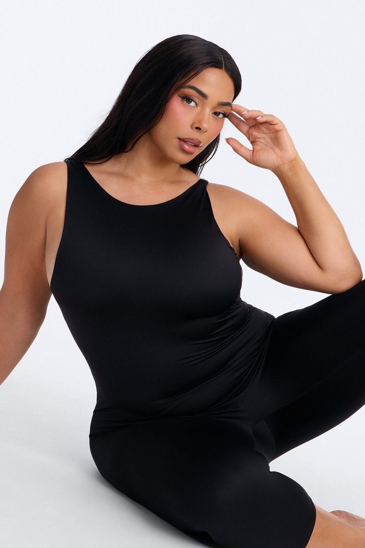 Contour Double Lined Low Back Capri Jumpsuit - Black