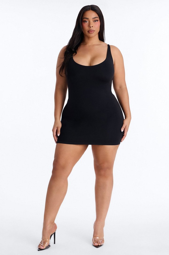 Seamless Smooth Double Lined Scoop Neck Mini Dress - Black