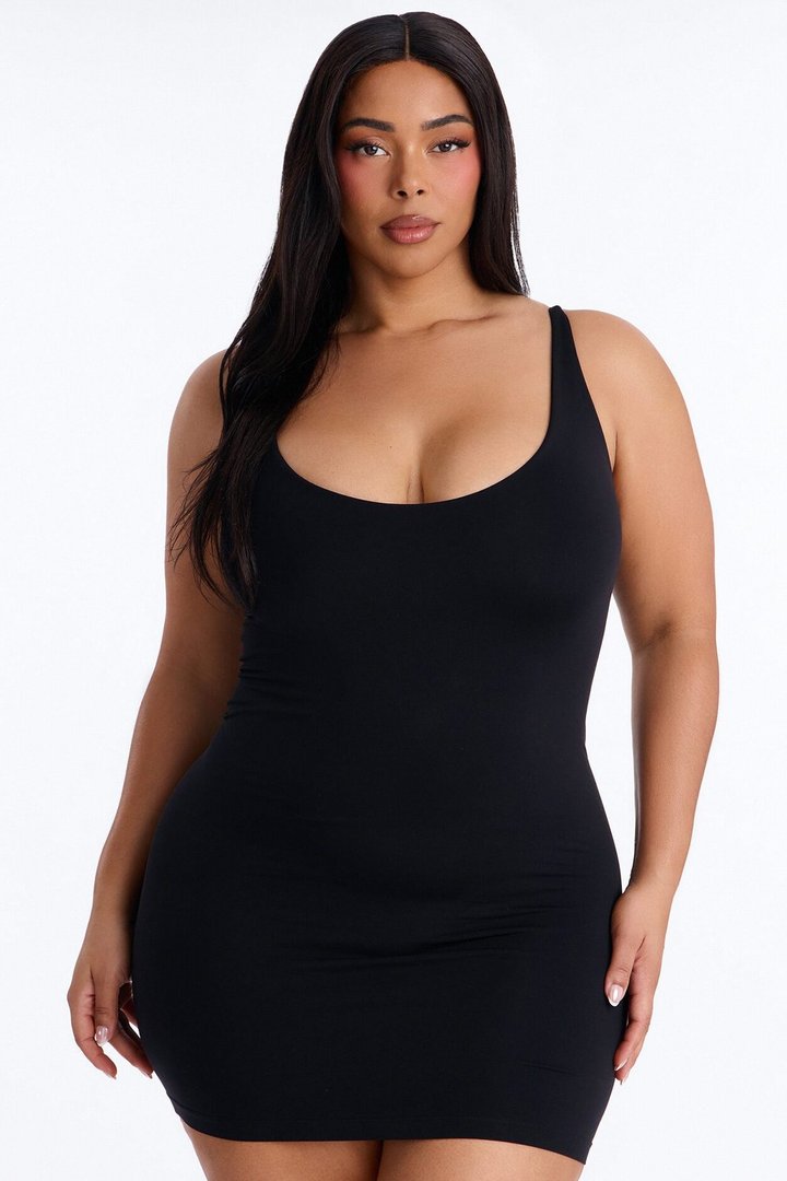Seamless Smooth Double Lined Scoop Neck Mini Dress - Black