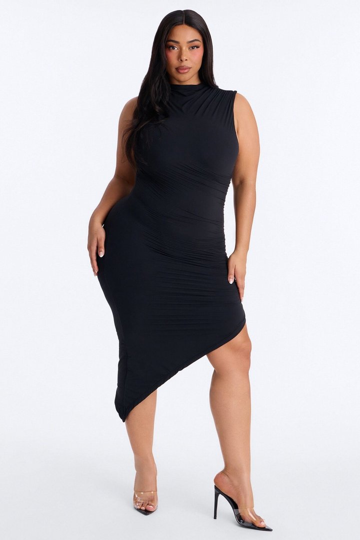 Second Skin Double Lined Ruched Slit Midi Dress - Black