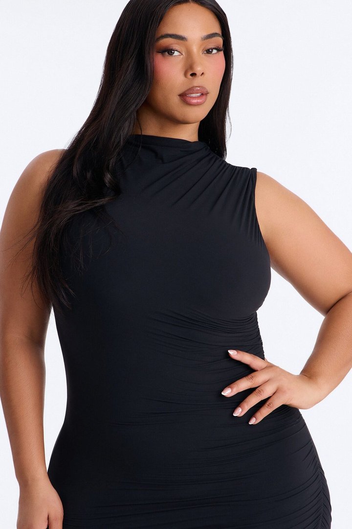 Second Skin Double Lined Ruched Slit Midi Dress - Black