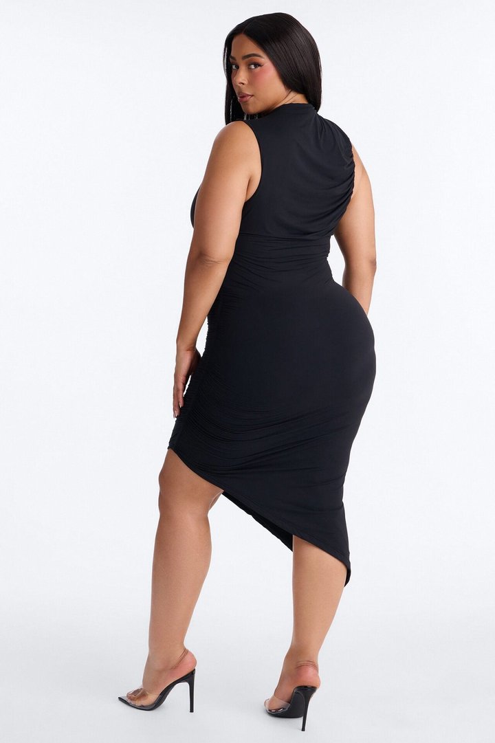 Second Skin Double Lined Ruched Slit Midi Dress - Black