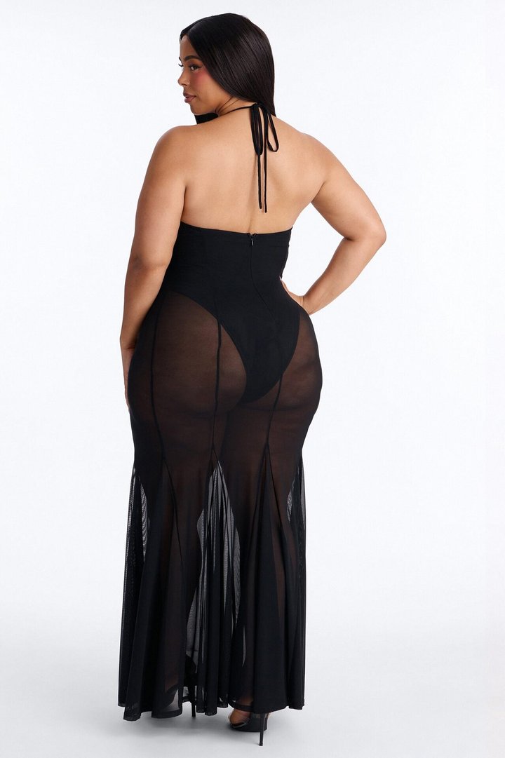 Power Mesh V Neck Halter Maxi Dress - Black