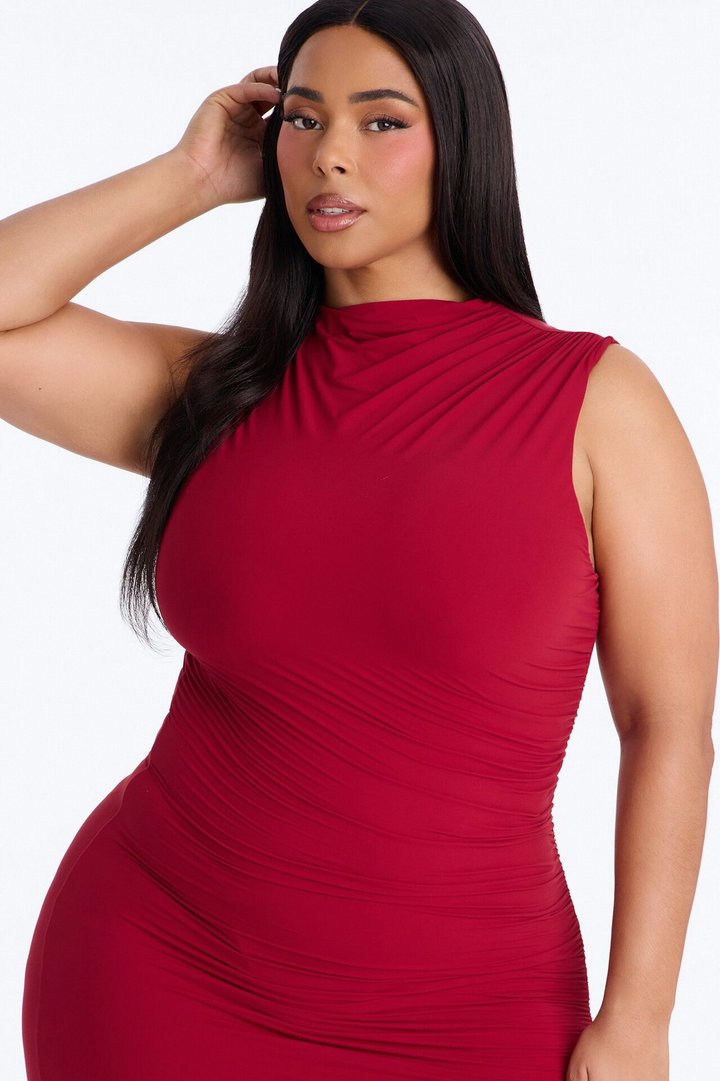 Second Skin Double Lined Ruched Slit Midi Dress - DarkRed