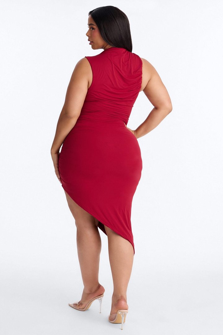 Second Skin Double Lined Ruched Slit Midi Dress - DarkRed