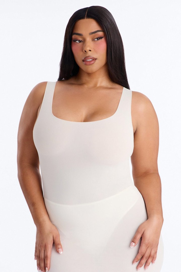 Power Mesh Low Scoop Back Sleeveless Maxi Dress - Bone