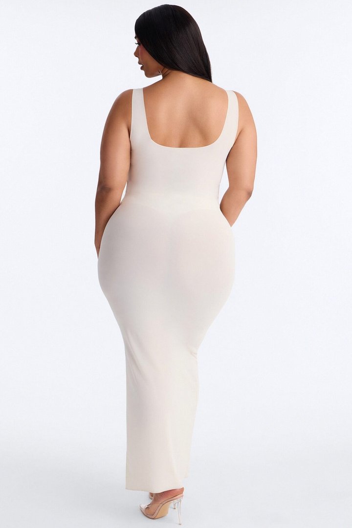 Power Mesh Low Scoop Back Sleeveless Maxi Dress - Bone
