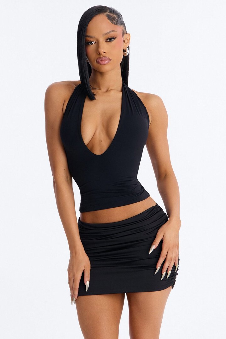 Second Skin Double Lined Deep V-Neck Halter Top - Black