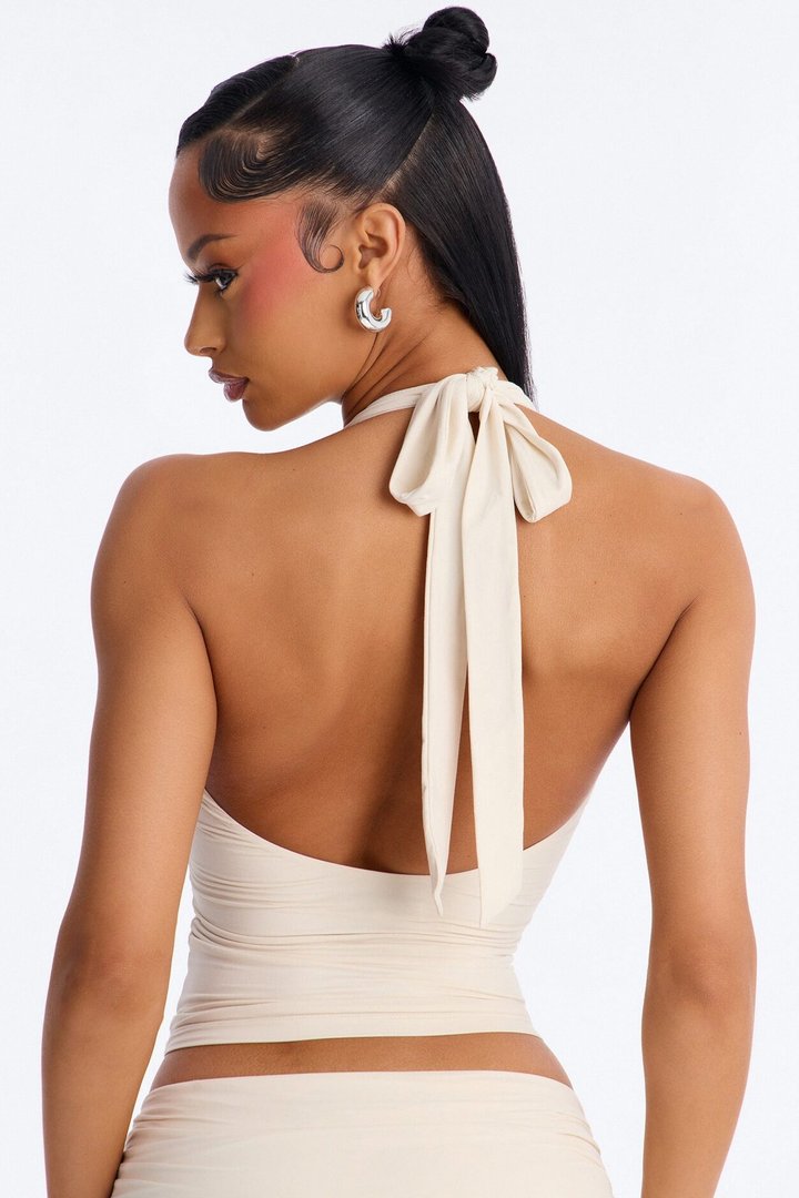 Second Skin Double Lined Deep V-Neck Halter Top - Bone