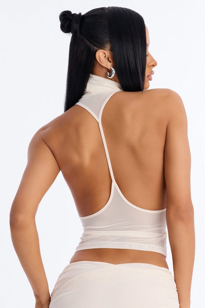 Power Mesh High Neck Thin Racerback Sleeveless Top - Bone