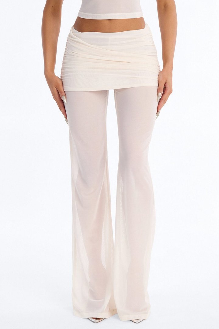 Power Mesh Foldover Ruched Flare Pant - Bone