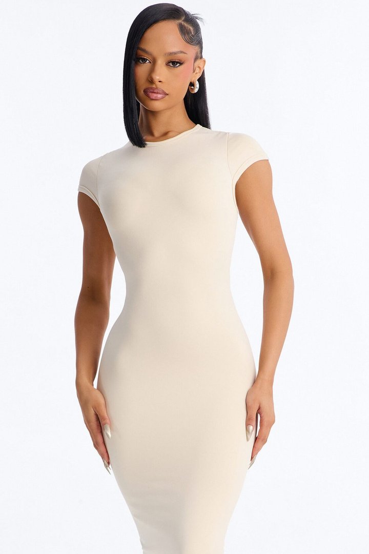 Seamless Smooth Double Lined Cap Sleeve Maxi Dress - Bone