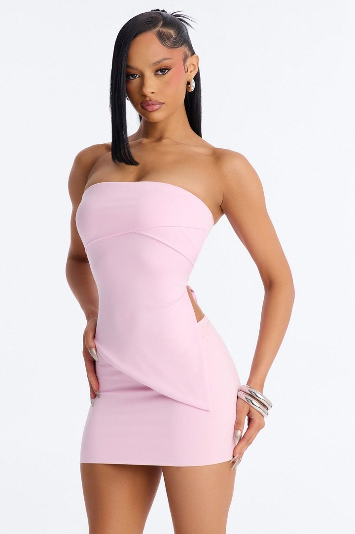 Contour Double Lined Asymmetrical Split Tube Top - Light Pink