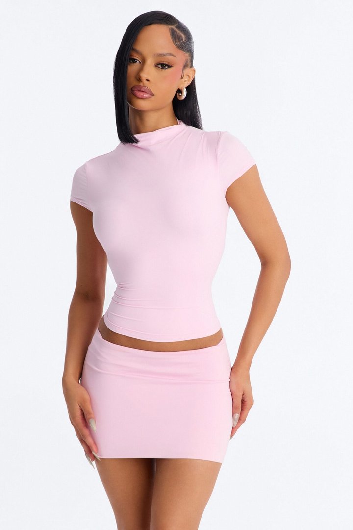 Second Skin Double Lined Mock Neck Short Sleeve Top - Light Pink