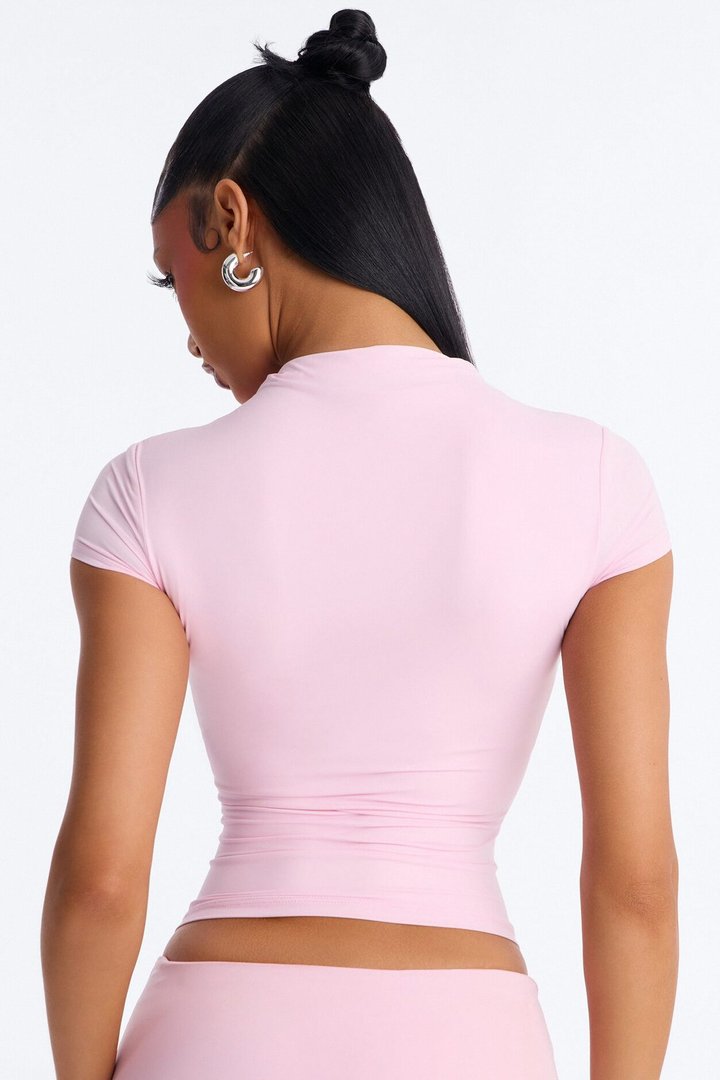 Second Skin Double Lined Mock Neck Short Sleeve Top - Light Pink