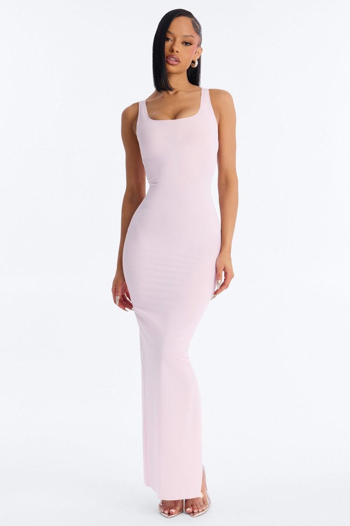 Power Mesh Low Scoop Back Sleeveless Maxi Dress - Light Pink
