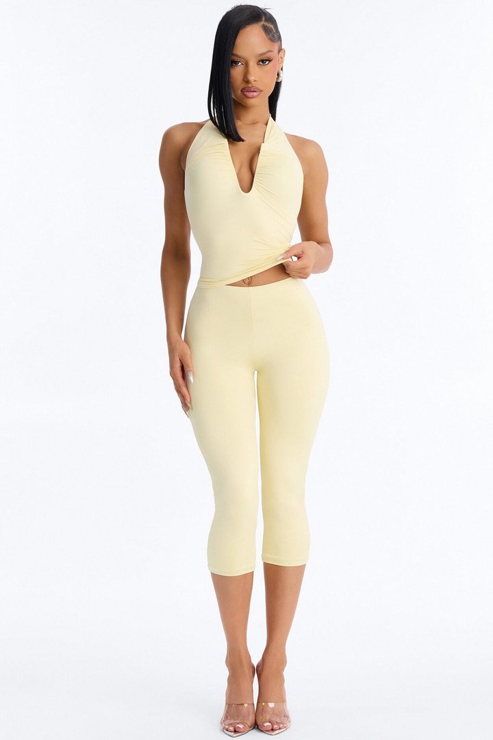 Second Skin Double Lined Ruched V Wire Halter Top - Butter Yellow